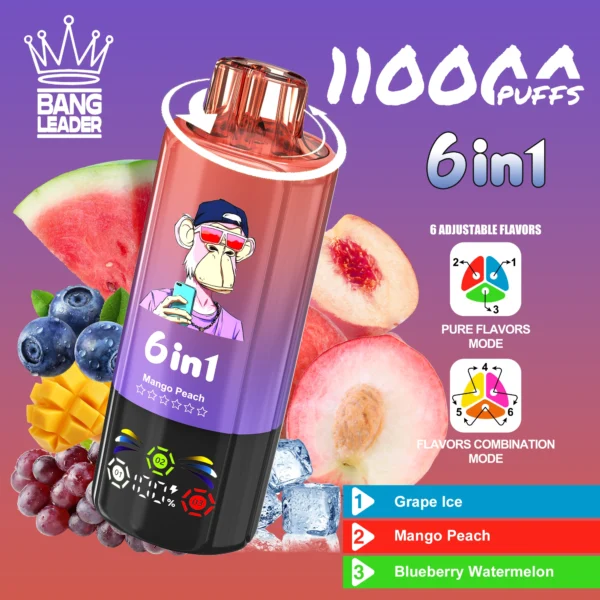 Bang Leader 110000 Puffs 6 in 1 Vienreizlietojams Vape Vīnogu Ledus & Mango Persiks & Blueberry Arbūzs