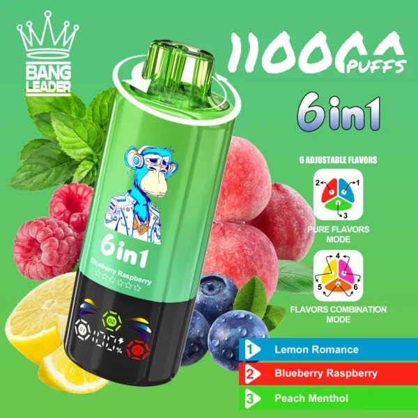Bang Leader 110000 Puffs 6 in 1 Vienreizlietojams Vape Lemon Romance & Blueberry Raspberry & Peach Menthol