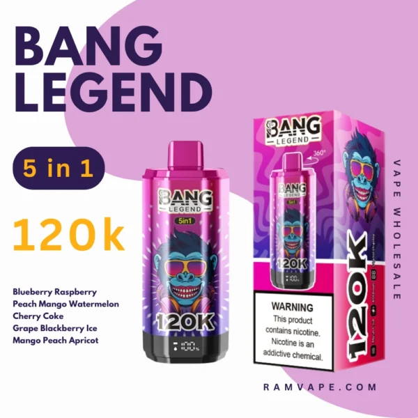 Bang legend 120k Vairumtirdzniecības Vape Mellenes ķirsis, Persiku mango arbūzs, Čerri Kolas, Vīģe melnās jāņogas ledus, Mango persiku aprikoze