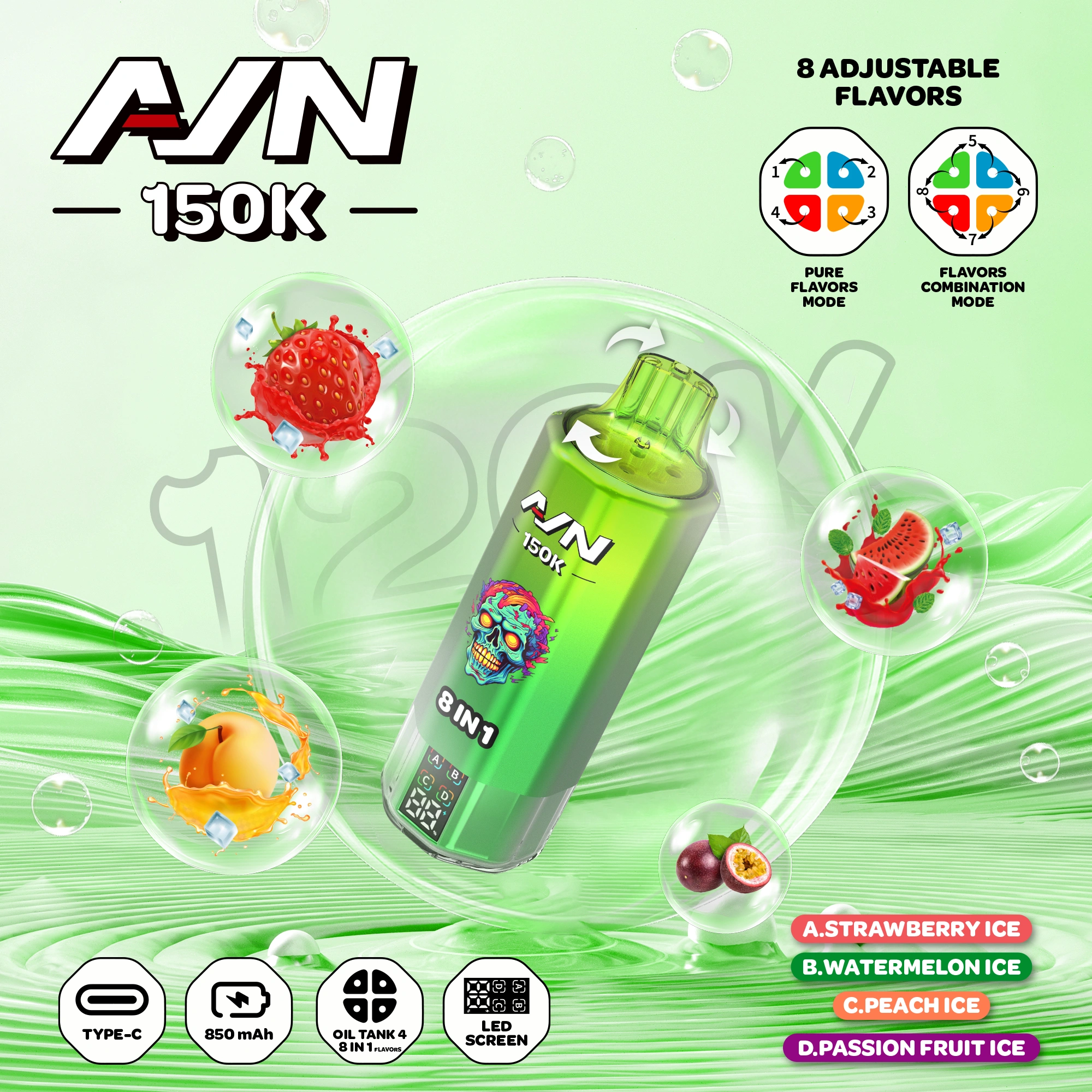 AIM AVN 150K Vape usa e getta ricaricabile 8 in 1 con alta puff, batteria da 850mAh, ricarica Type-C