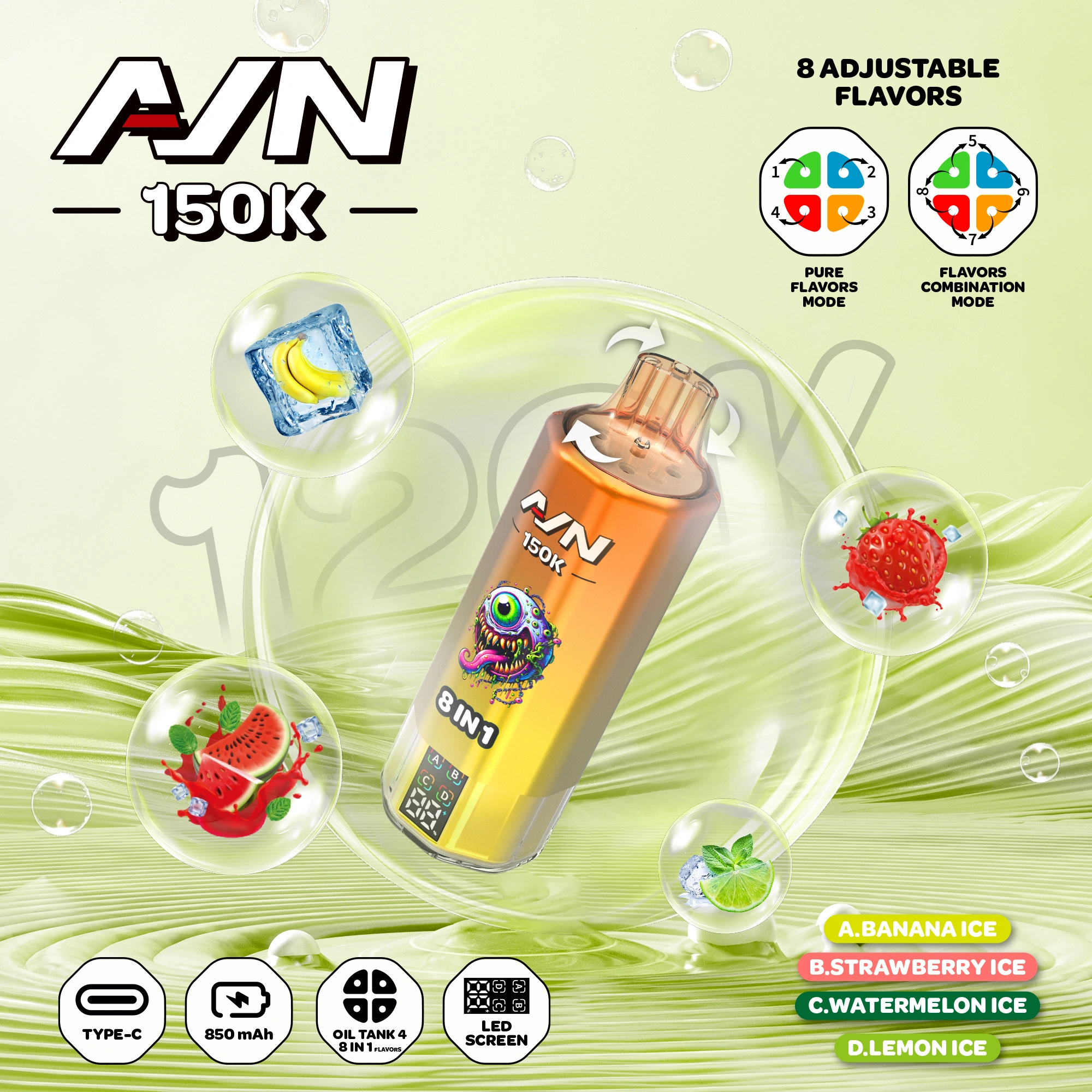 AIM AVN 150K Vape in mesh coil 8 in 1 con schermo intelligente LED e ricarica Type-C