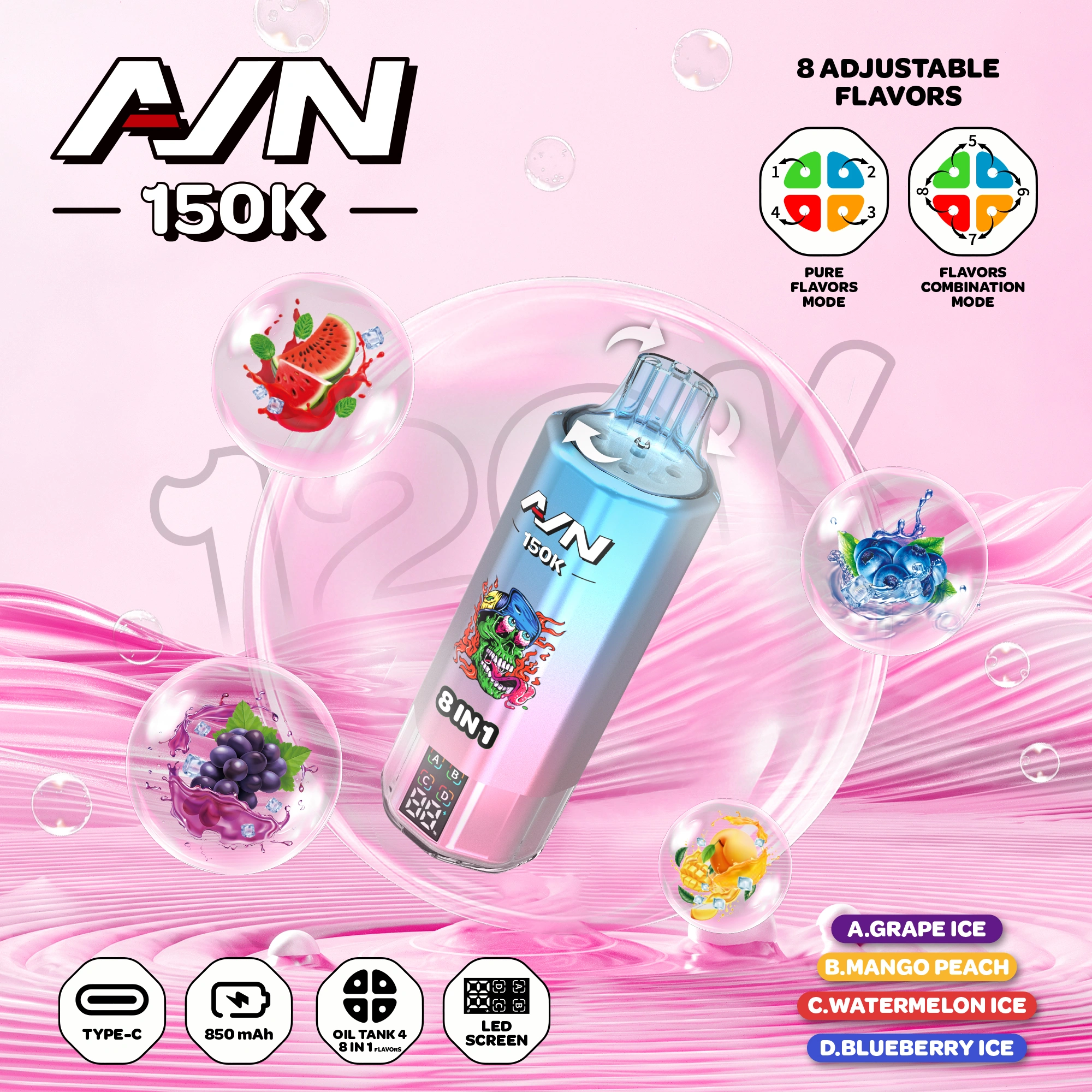 AIM AVN 150K Puff 8 gusti regolabili Vape con display LED per vendita all'ingrosso