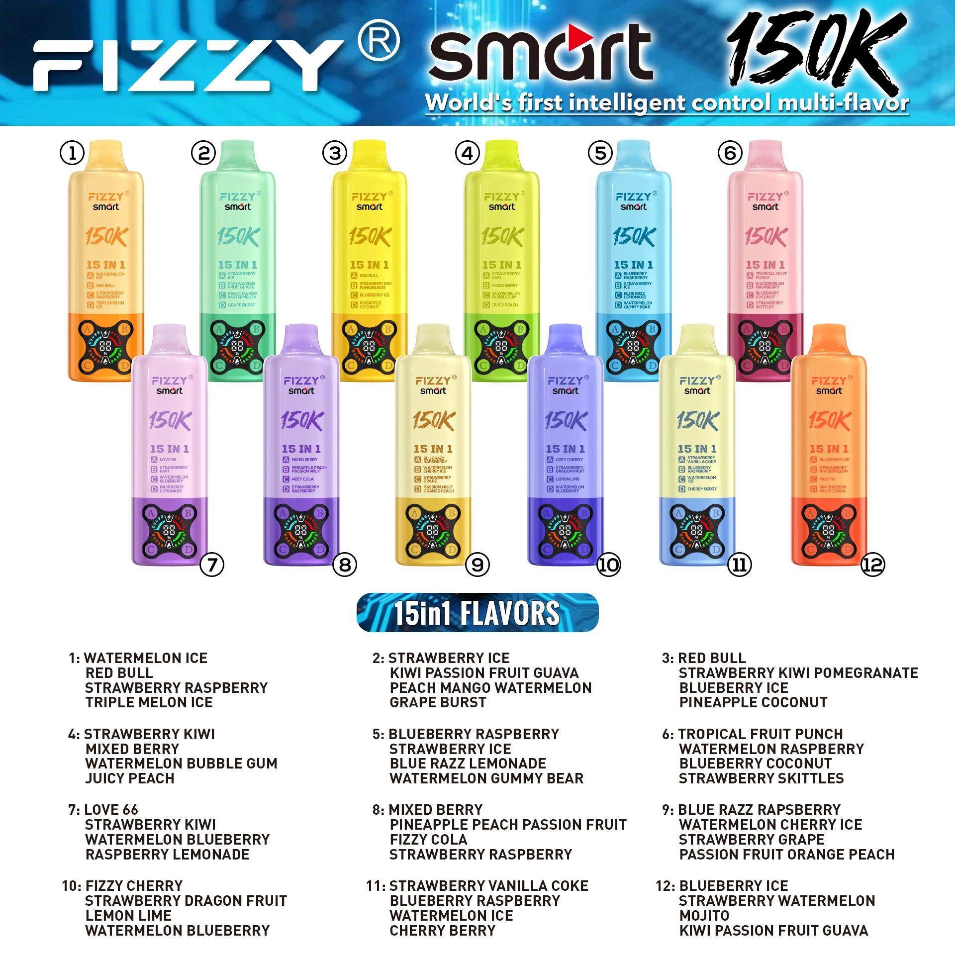 Fizzy Smart 150K disposable vape 15 in 1 flavors list smart control system