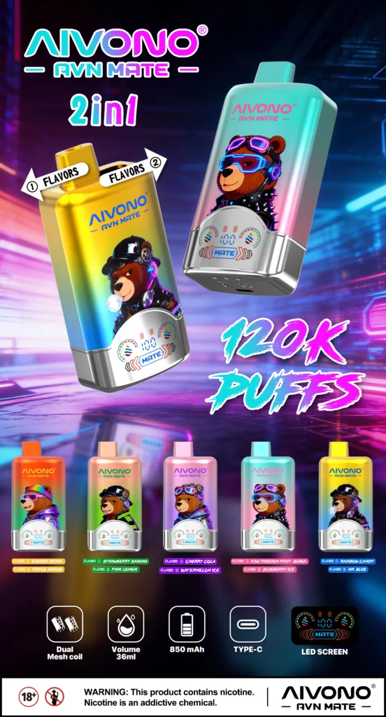 AIVONO AVN MATE 120K 2-in-1 disposable vape, dual-flavor options with LED screen and Type-C charging