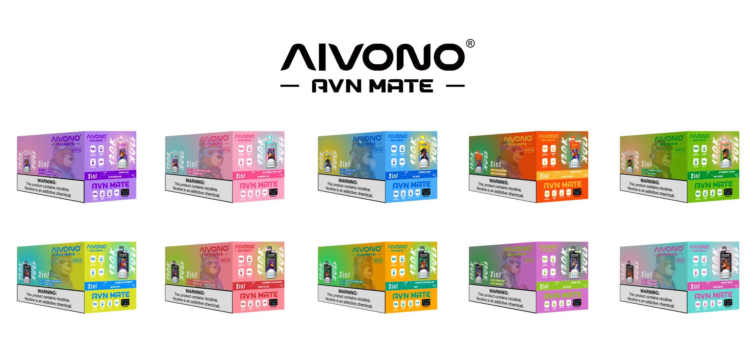 AIVONO AVN MATE 120K 2-in-1 disposable vape packaging, dual-flavor box options