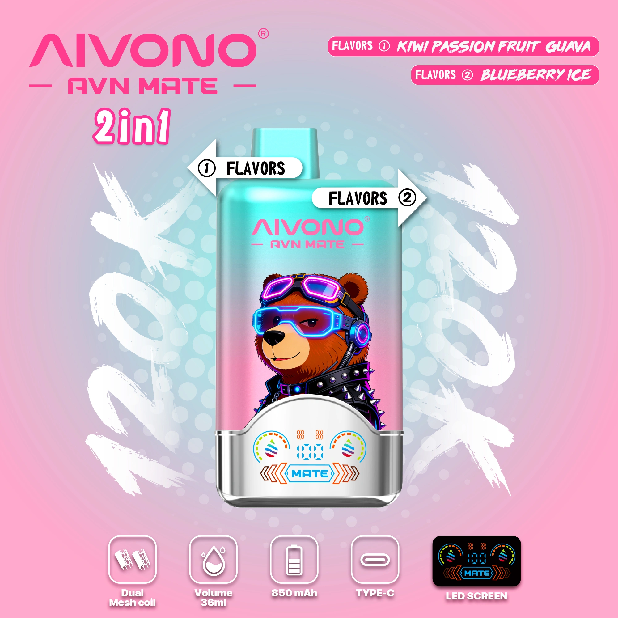 AIVONO AVN MATE 120K 2-in-1 disposable vape, Kiwi Passion Fruit Guava + Blueberry Ice dual flavor