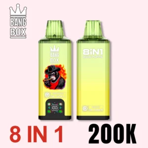 Bang Box 200K 8-in-1 vienkartinis vape, priekinis ir galinis vaizdas su Ananasų Ledas + Persikų Ledas bakeliais