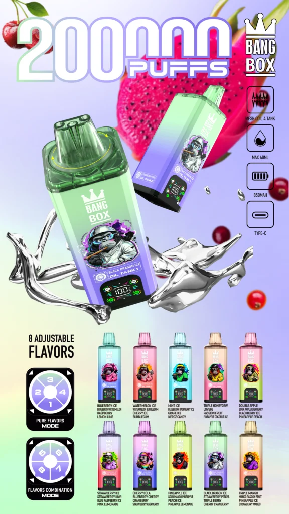 Bang Box 200K 8-in-1 skonių sąrašas su reguliuojamais režimais (grynas ir mišrus)