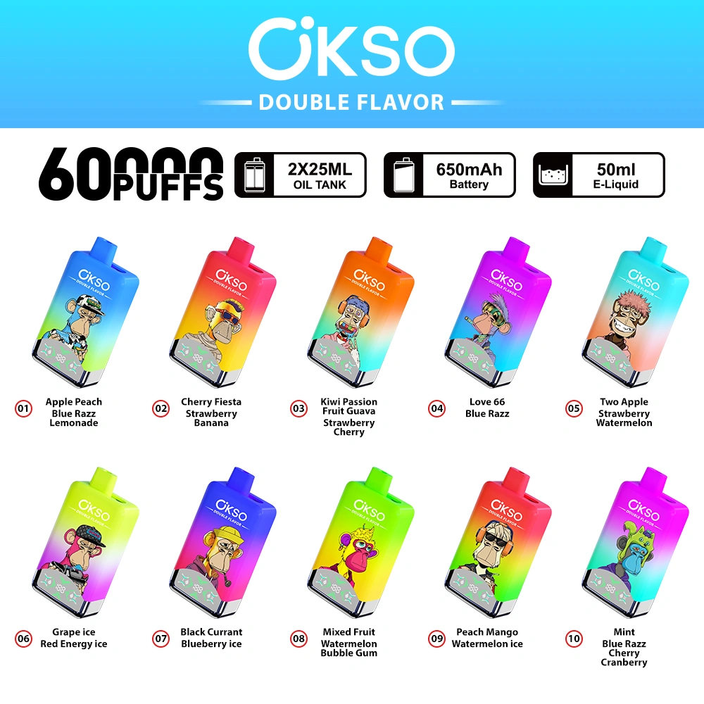 OKSO Double Flavor 60K flavors list with 2x25ml tanks, 50ml e-liquid and 650mAh battery
