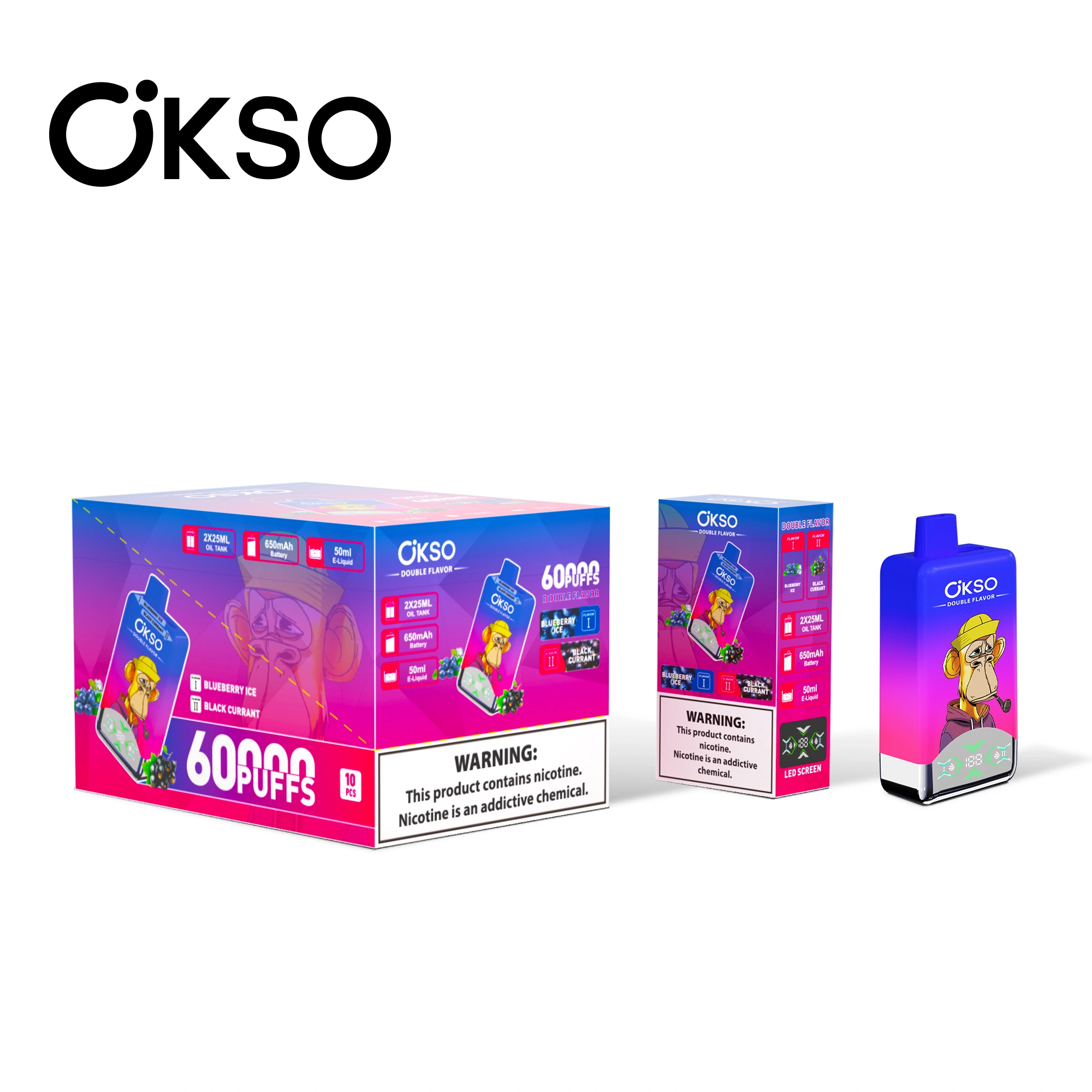 OKSO Double Flavor 60K vape with retail box and carton packaging, China warehouse wholesale
