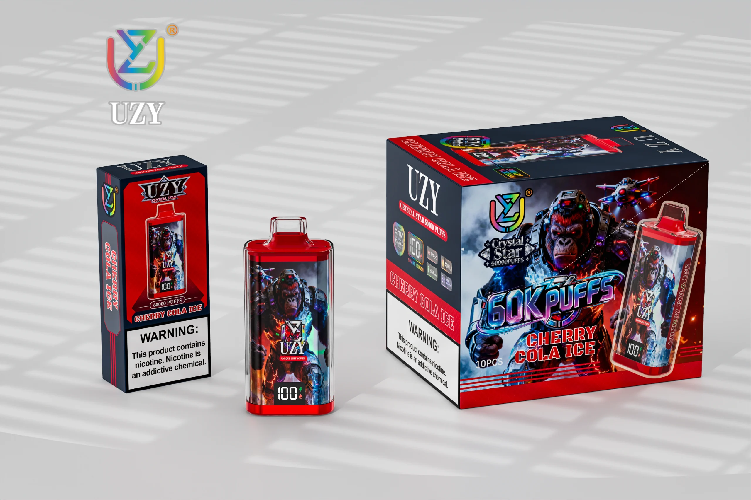 UZY Crystal Star 60K disposable vape with box and carton, Cherry Cola Ice flavor, China warehouse wholesale