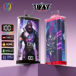 UZY Crystal Star 60K vape close-up showing smart screen, Type-C and dual mesh coil
