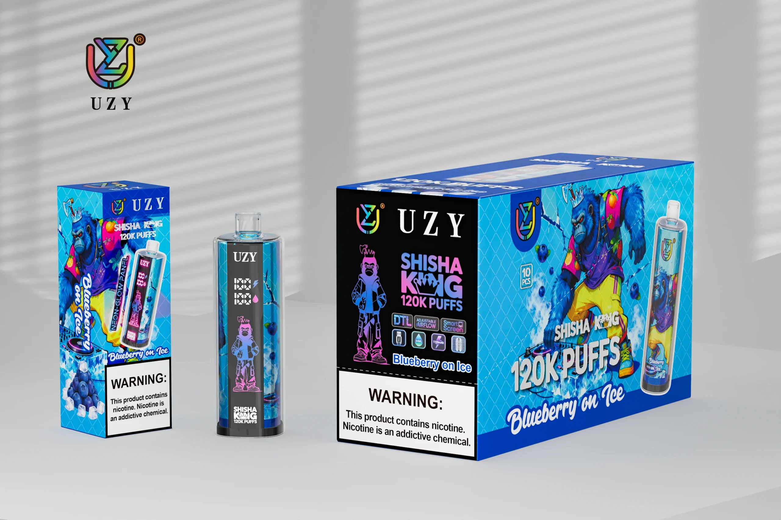 UZY Shisha Hookah King 120K puffs disposable vape with box and carton, Blueberry on Ice flavor