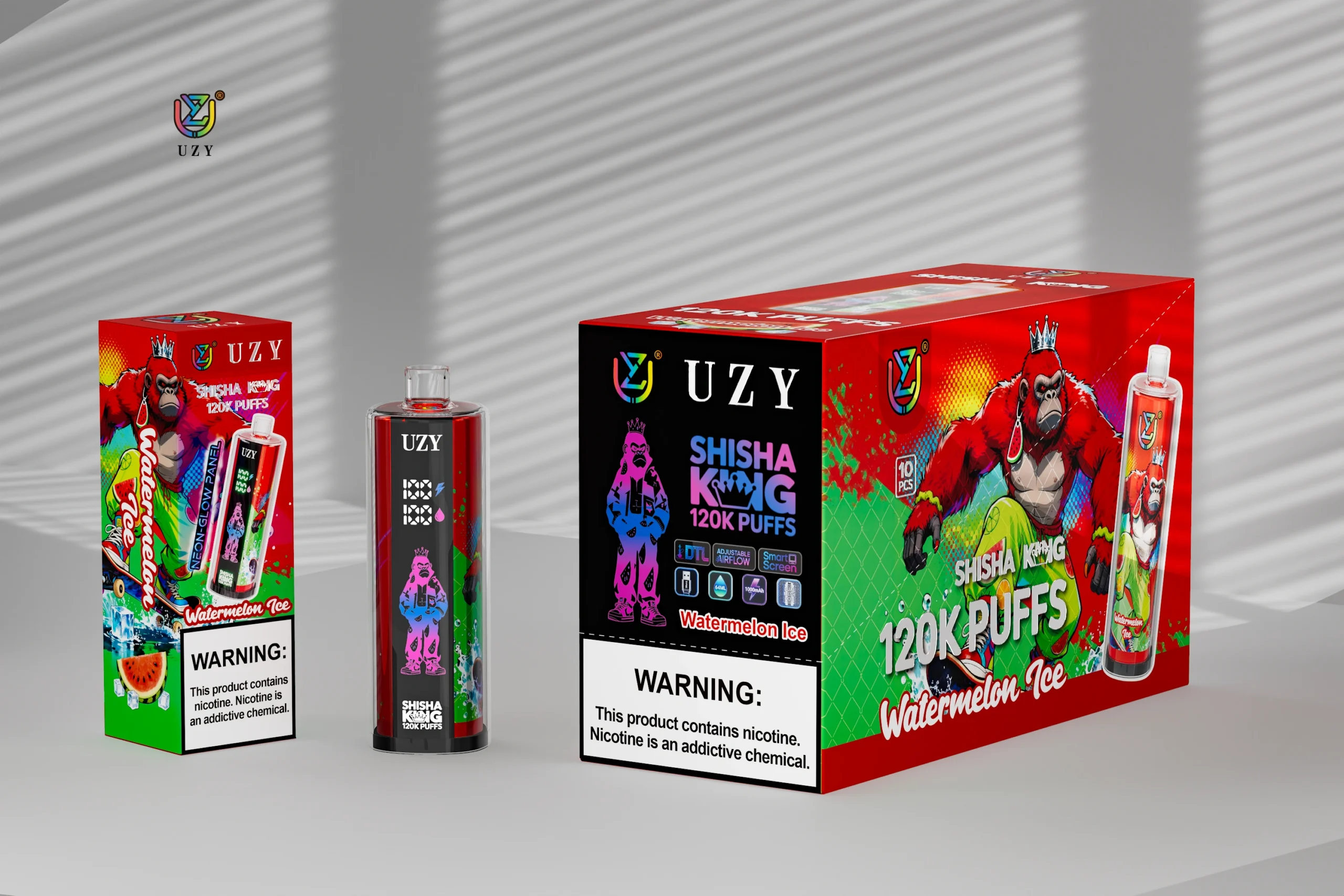UZY Shisha Hookah King 120K puffs disposable vape with box and carton, Watermelon Ice flavor