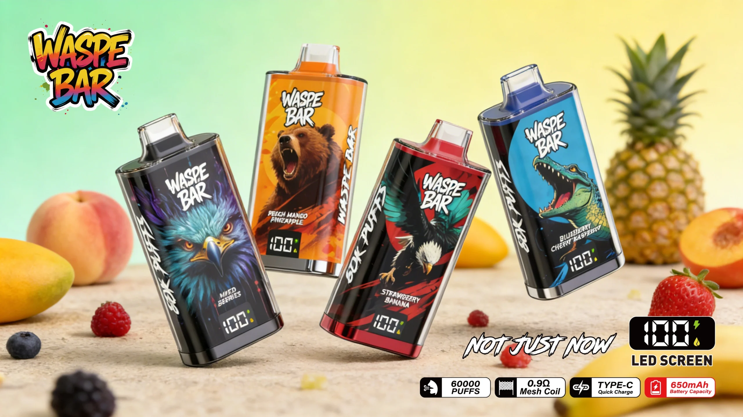WASPE BAR 60K disposable vape assorted flavors with LED screen, Type-C and 650mAh battery