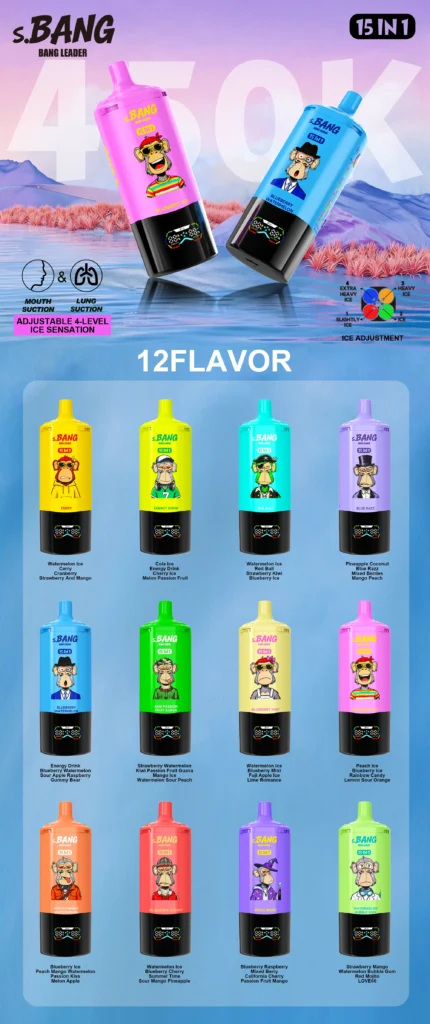 Bang Leader 450K 15 in 1 vienreizējās vape aromātu karte ar vairākām aromātu kombinācijām.