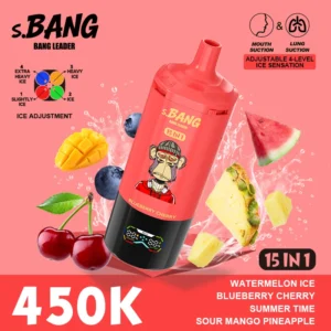 Bang Leader 450K 15 vienreizējās lietošanas vape reklāmas attēls ar vienu ierīci un daudzveidīgu garšu koncepciju.