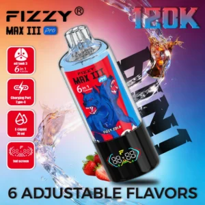 Fizzy Max III Pro 120K 6-w-1 jednorazowy e-papieros z magazynu UE z regulowanymi smakami i wyświetlaczem LED