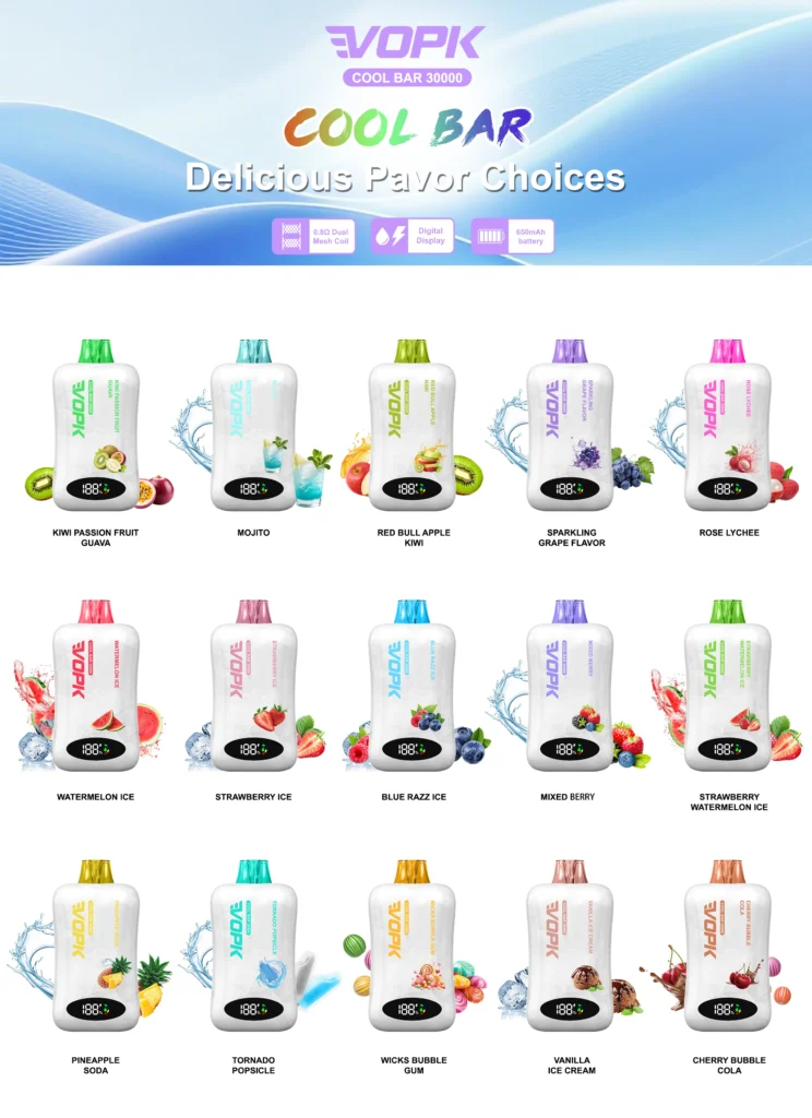 VOPK Cool Bar 30000 disposable vape flavor chart showing multiple flavor options.