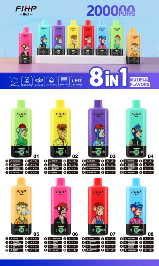 FIHP 200K 8 in 1 disposable vape flavor chart showing 8 device options and flavor combinations.