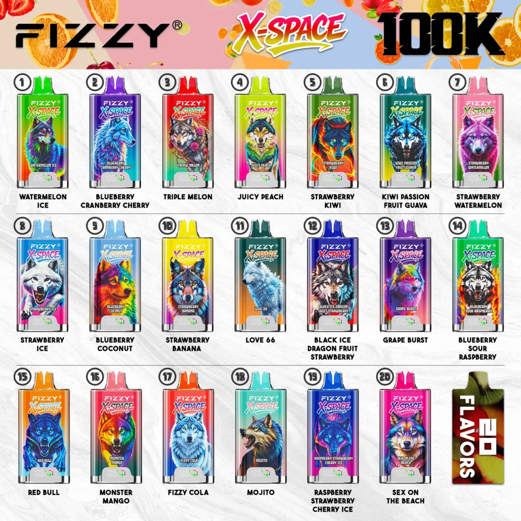 Fizzy X-Space 100K EU warehouse flavor chart showing 20 flavors for wholesale orders