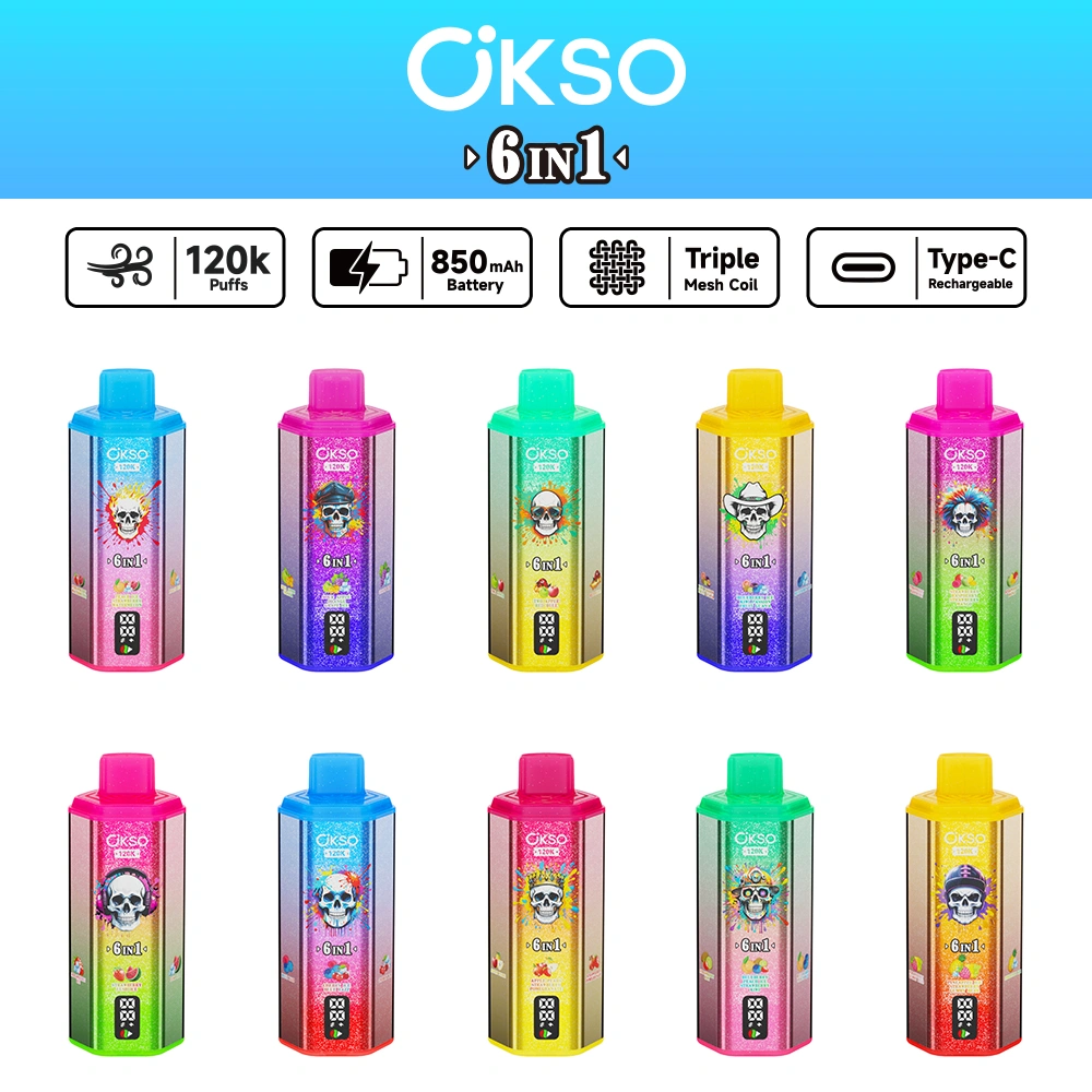 OKSO 6 in 1 120K disposable vape flavor range with multiple color options and product specifications