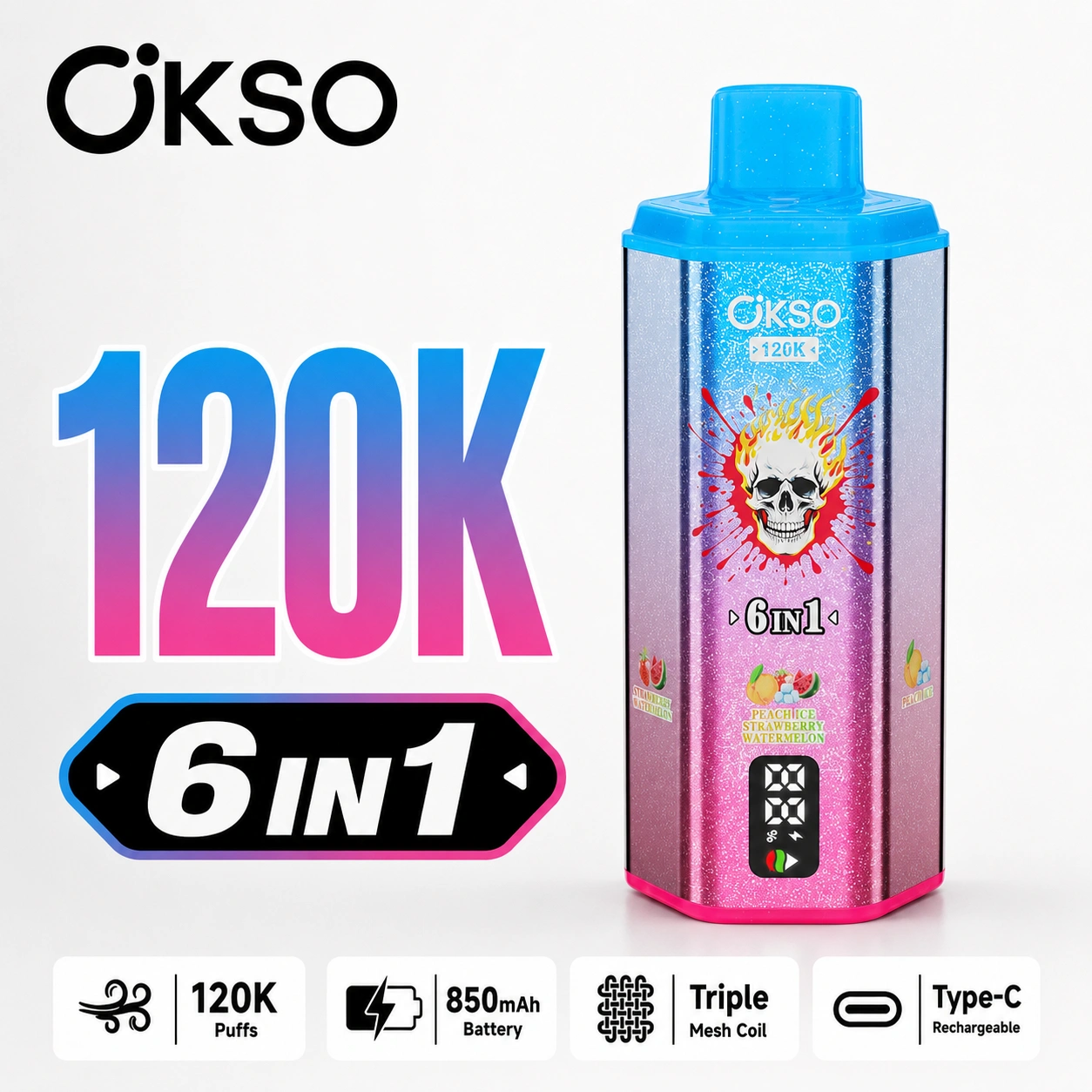 OKSO 6 in 1 120K disposable vape in Peach Ice Strawberry Watermelon flavor