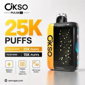 OKSO Pulse X 25K disposable vape main image showing 25K puffs, 3D curved screen and dual mesh coil