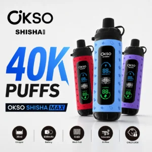 OKSO Shisha Max 40K puffs disposable vape with LED display, adjustable airflow and child lock