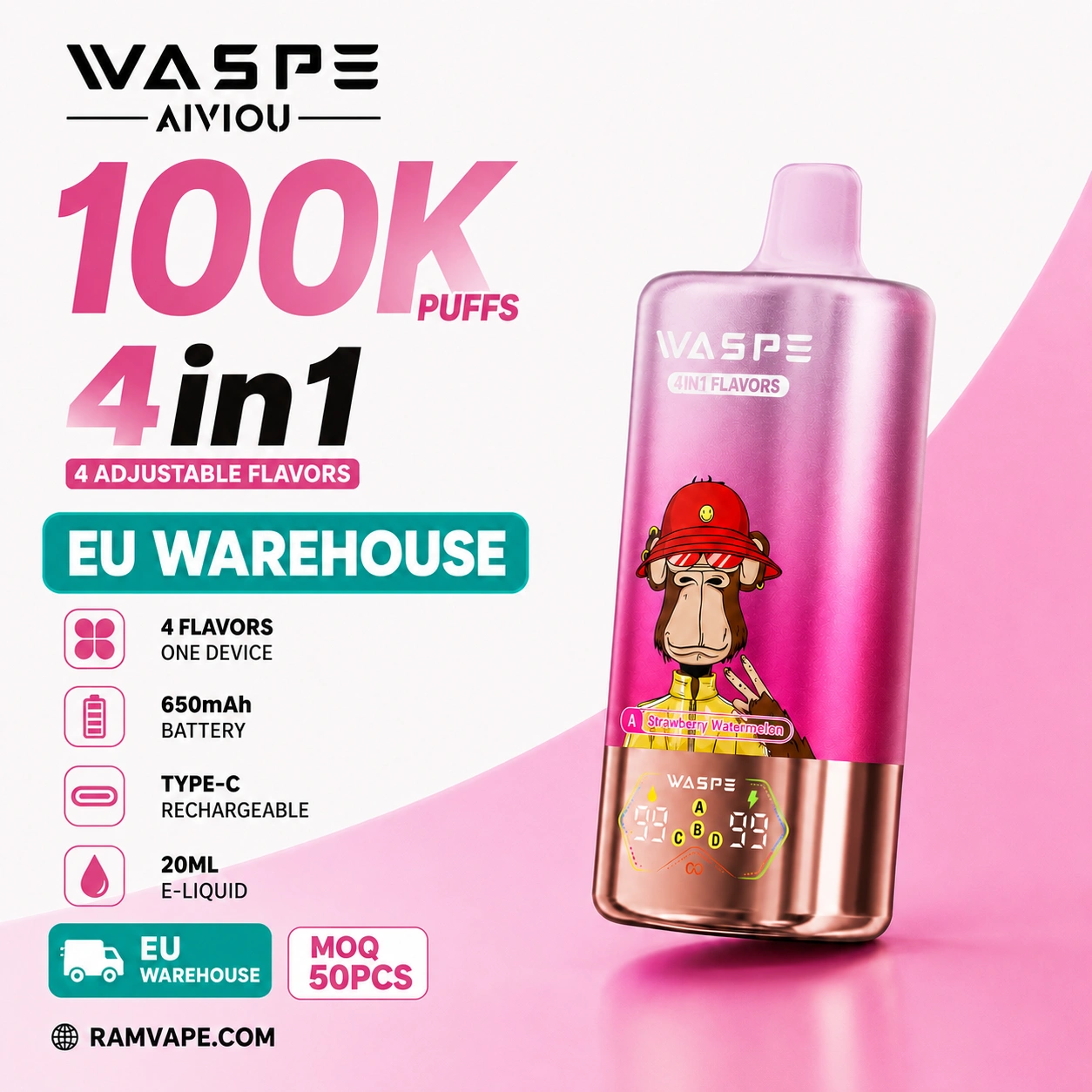 Waspe 4 in 1 100K Puffs disposable vape EU warehouse with 56ml e-liquid and LED display