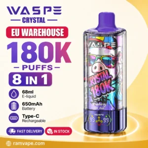 Waspe Crystal 180K 8 in 1 disposable vape EU warehouse wholesale with 68ml e-liquid and LED display