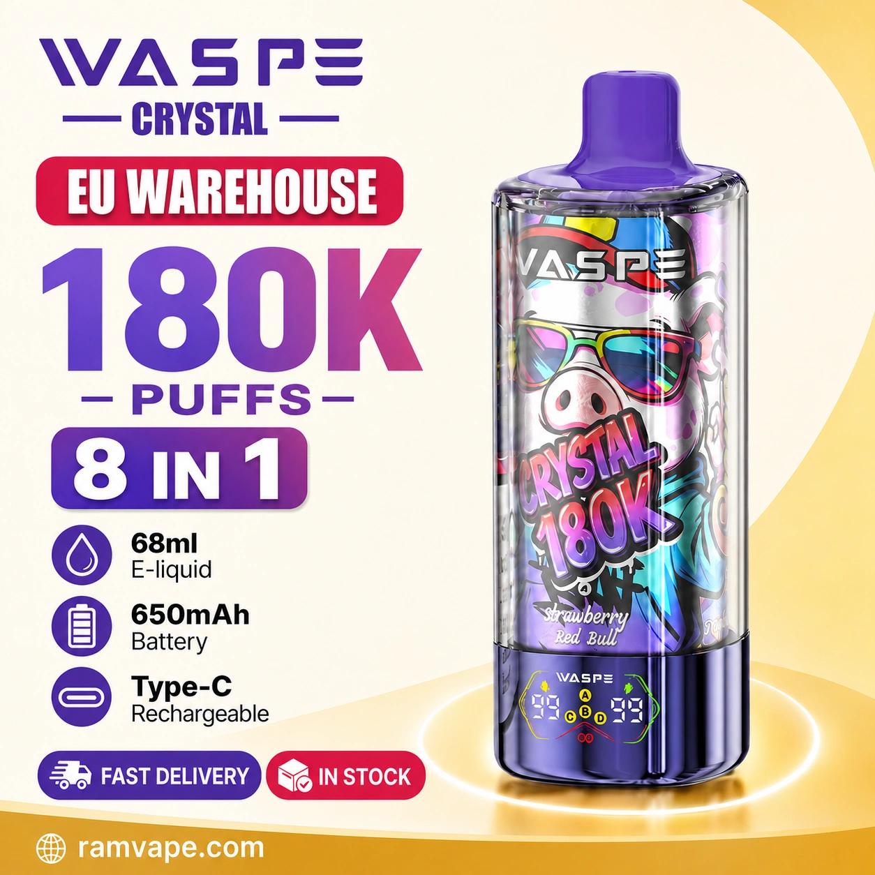 Waspe Crystal 180K 8 in 1 disposable vape EU warehouse wholesale with 68ml e-liquid and LED display