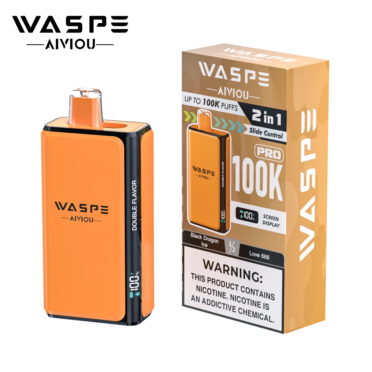 Waspe Dupla Íz 100K Pro eldobható vape kiskereskedelmi dobozban Fekete Sárkány Jég és Szeretet 666 íz kombinációval