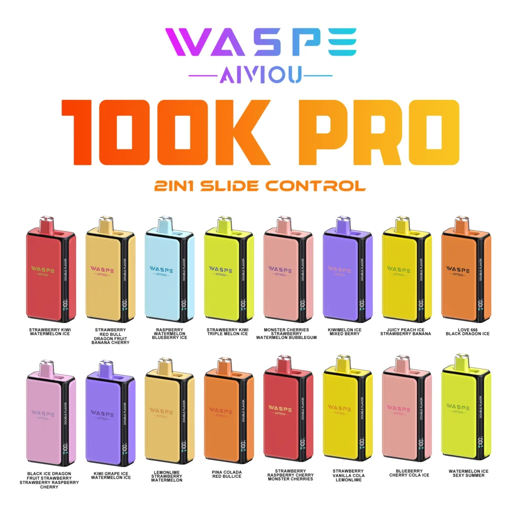 Waspe Dupla Íz 100K Pro ízkínálat diagram, amely több 2 az 1-ben egyszer használatos vape lehetőséget mutat