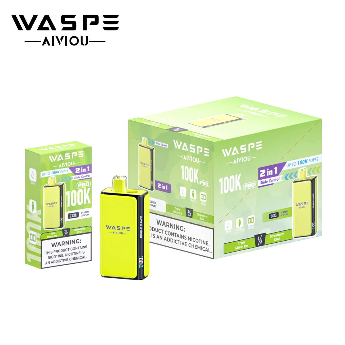 Waspe Dupla Íz 100K Pro nagykereskedelmi csomagolás készlet eszköz kiskereskedelmi dobozban és nagy tételű kartonban Triple Melon Ice és Strawberry Kiwi íz kombinációval