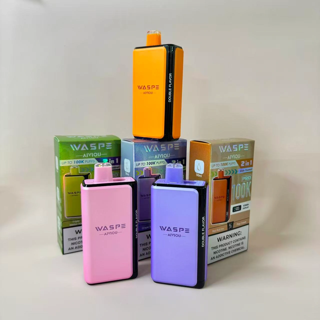 Waspe Double Flavor 100K Pro wholesale stock photo with devices and retail boxes