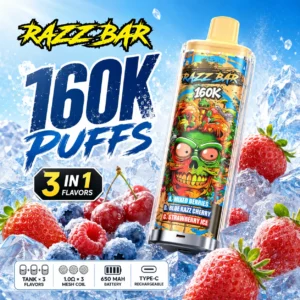 Razz Bar 160K 3-in-1 wegwerp vape met Gemengde Bessen Blauwe Razz Kers Aardbei IJs smaken
