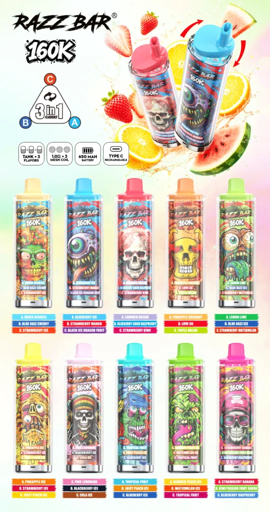 Razz Bar 160K 3-i-1 engangs vape smagsliste med 10 smagskombinationer og produkt-specifikationer