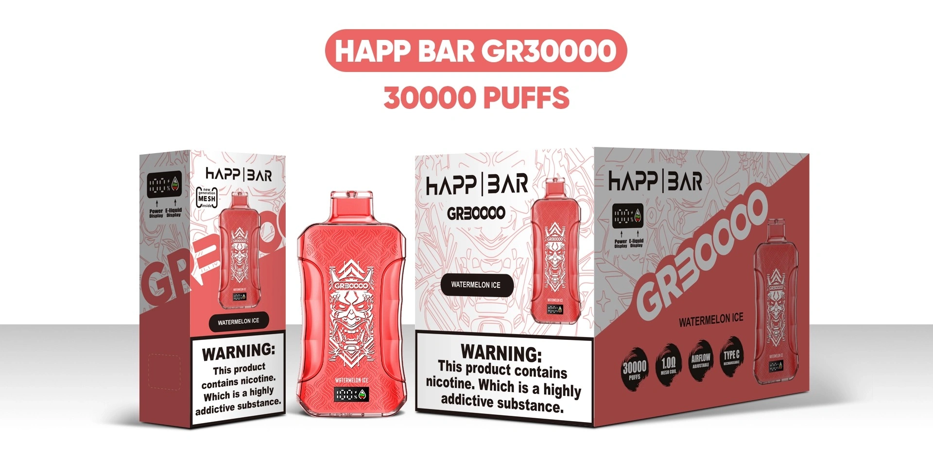 Happ Bar GR30000 disposable vape wholesale packaging with retail box, device and outer carton