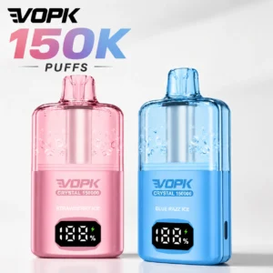 VOPK Crystal 150K disposable vape with digital display in strawberry ice and blue razz ice