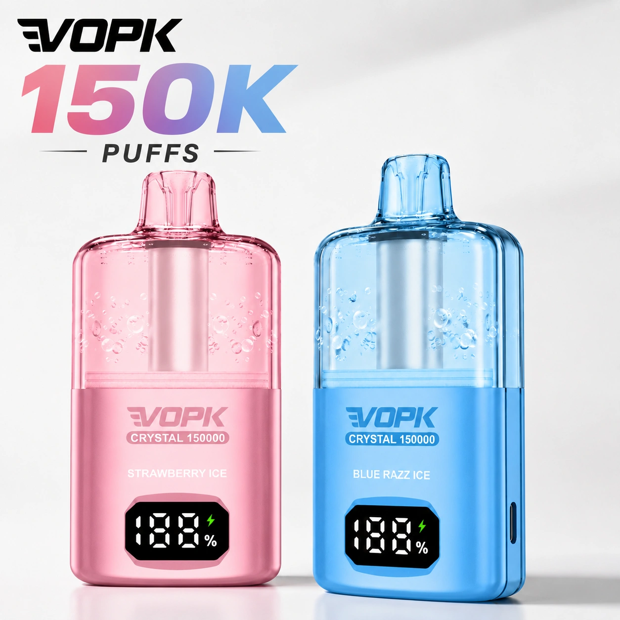 VOPK Crystal 150K disposable vape with digital display in strawberry ice and blue razz ice