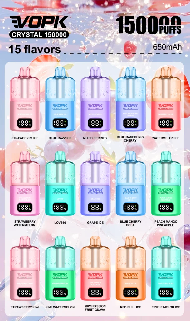 VOPK Crystal 150K disposable vape flavor chart with 15 flavors for wholesale