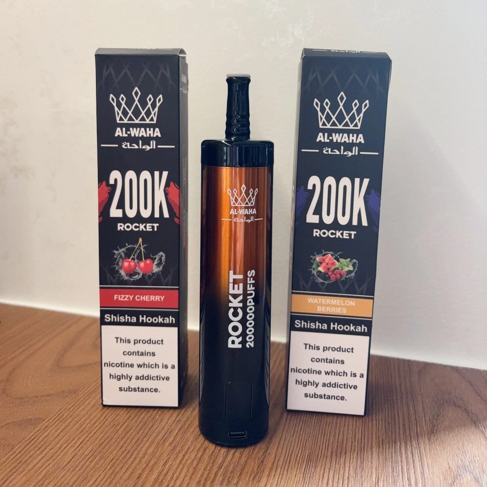 AL-WAHA Rocket 200K bulk stock photo with device and retail boxes in multiple flavors