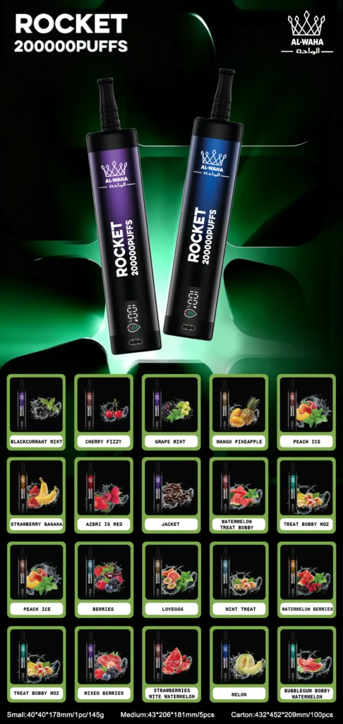AL-WAHA Rocket 200K disposable vape flavor list with multiple flavor options
