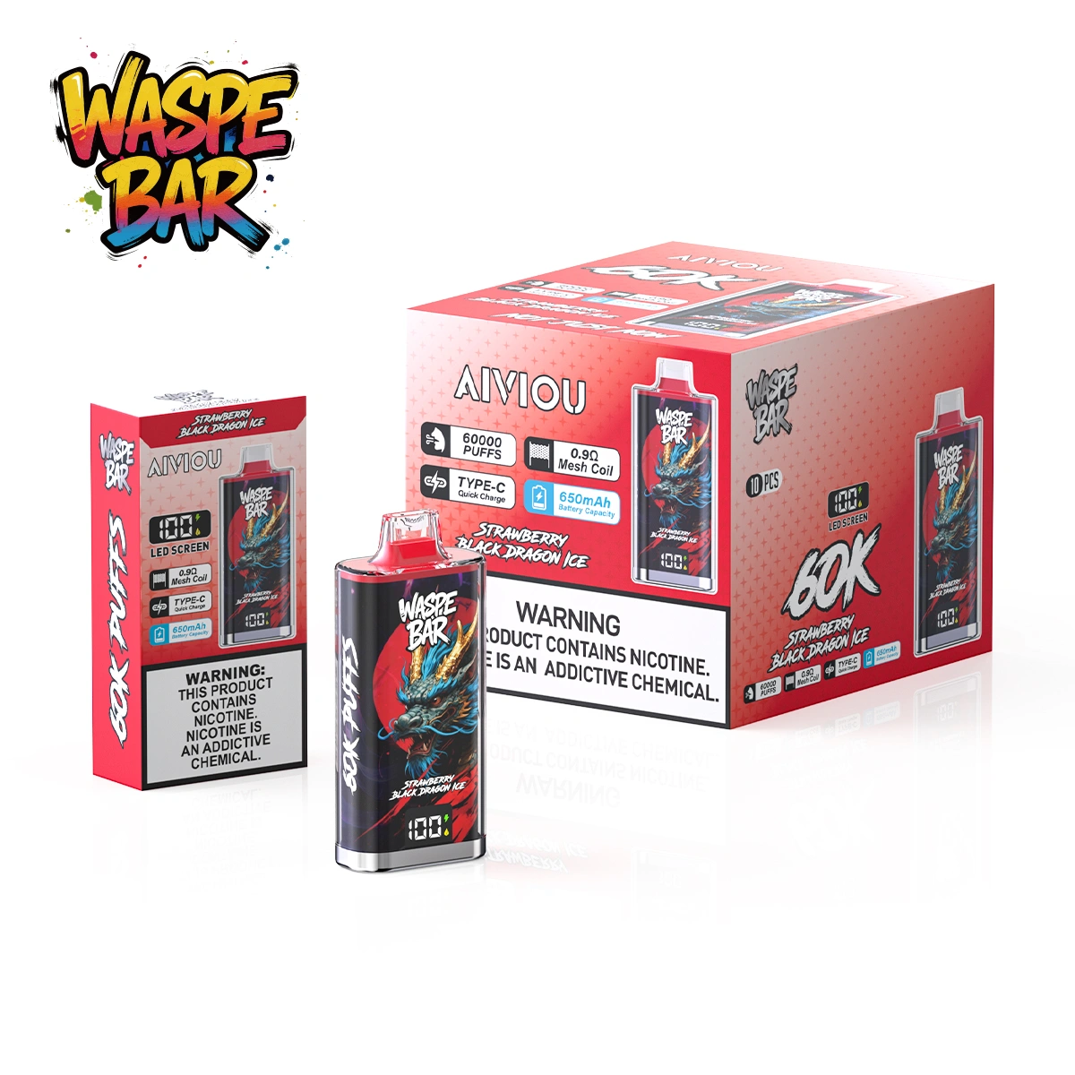 EU warehouse Waspe Bar 60K disposable vape Strawberry Black Dragon Ice with device and packaging