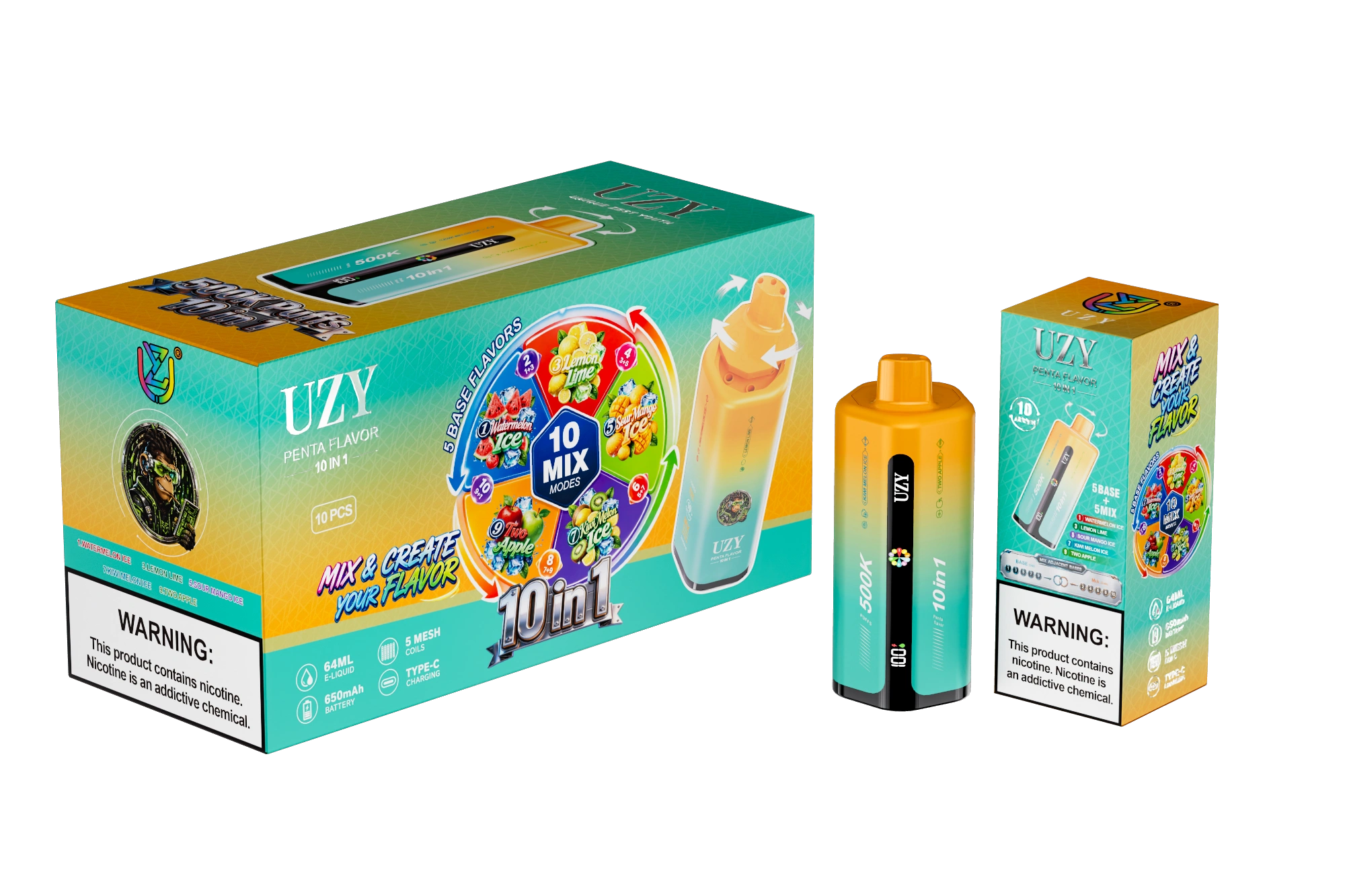 UZY Penta Flavor 10 in 1 500K disposable vape with packaging