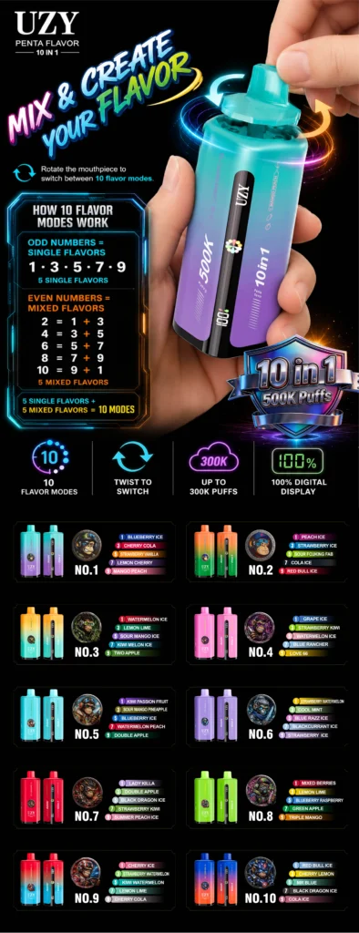 UZY Penta Flavor 10 in 1 500K disposable vape with 10 flavor modes