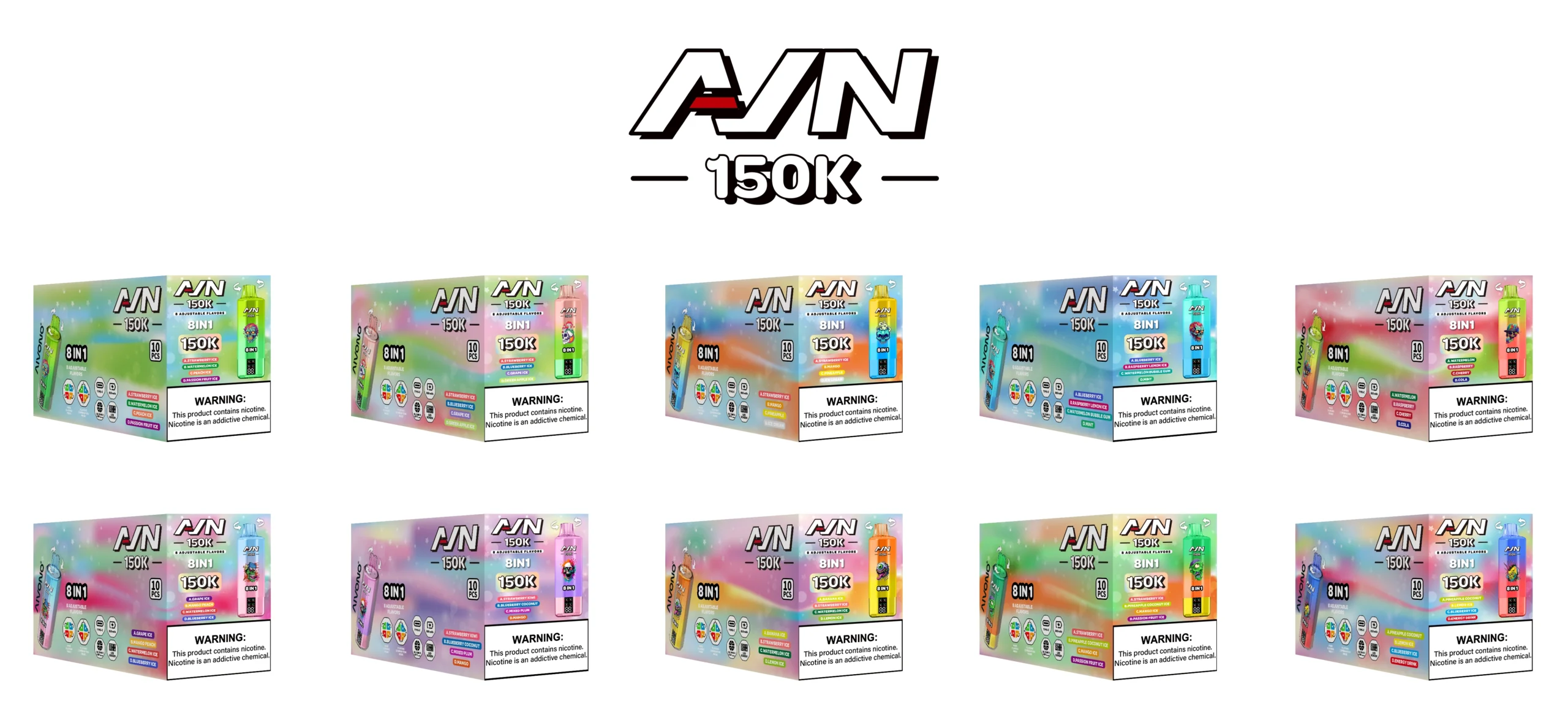 AIM AVN 8-in-1 150K flavor options and retail packaging
