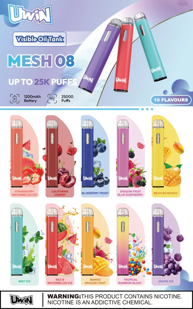 UWIN Mesh 08 25K-Aromenliste mit 10 verfügbaren E-Liquid-Aromen