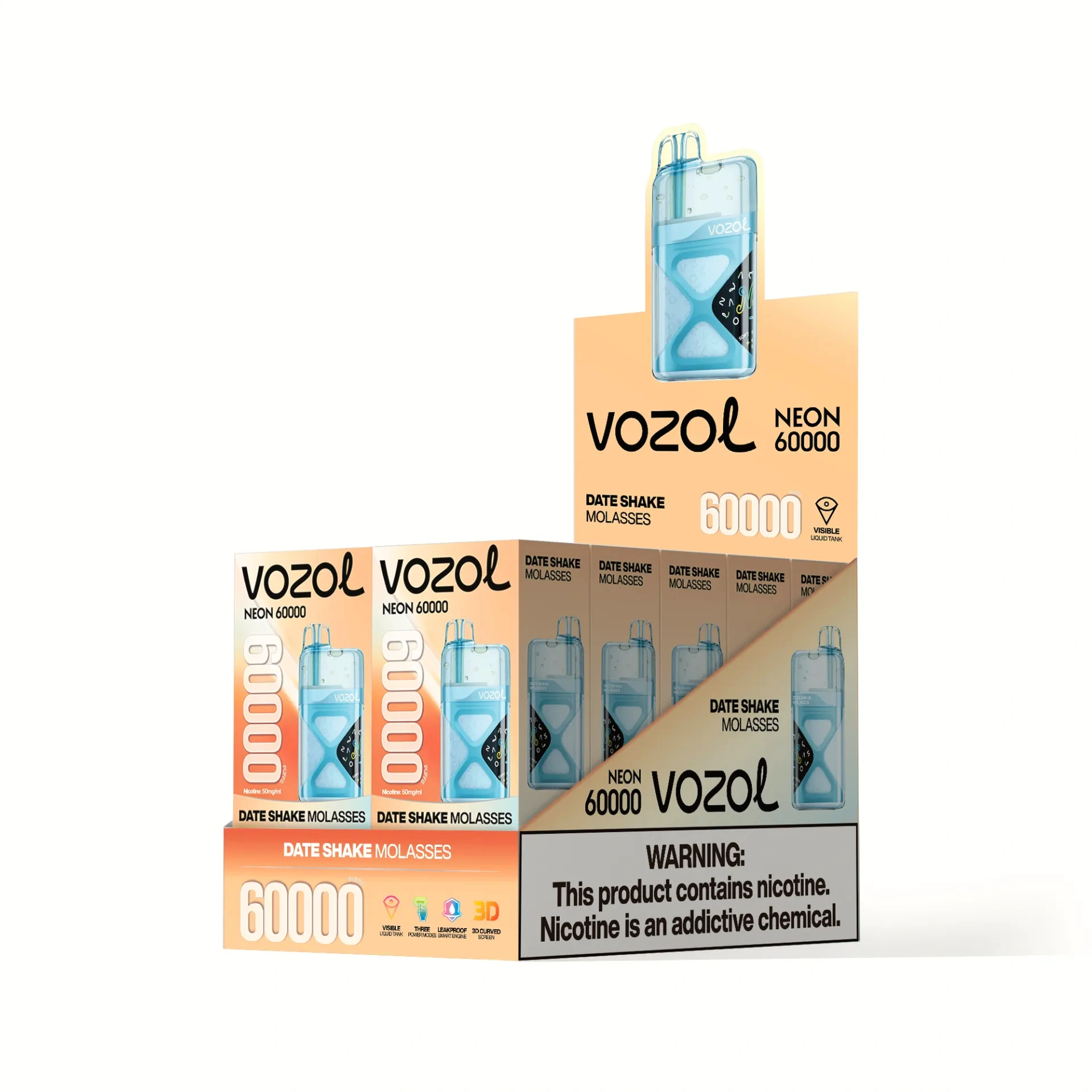 VOZOL „Neon 60000 Date Shake Molasses“ e-cigaretes šķidrums ar mazumtirdzniecības un izstādīšanas iepakojumu